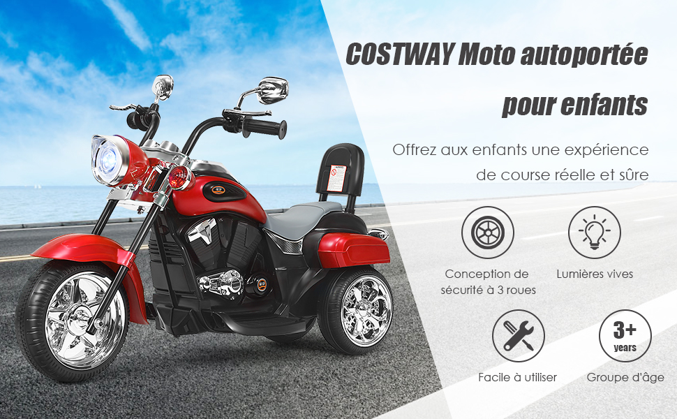 Moto Électrique Scooter 3 Roues pour Enfants 6V 3 Km/h Effet Sonore et Lumineux 3 Ans + Style de Chopper Blanc